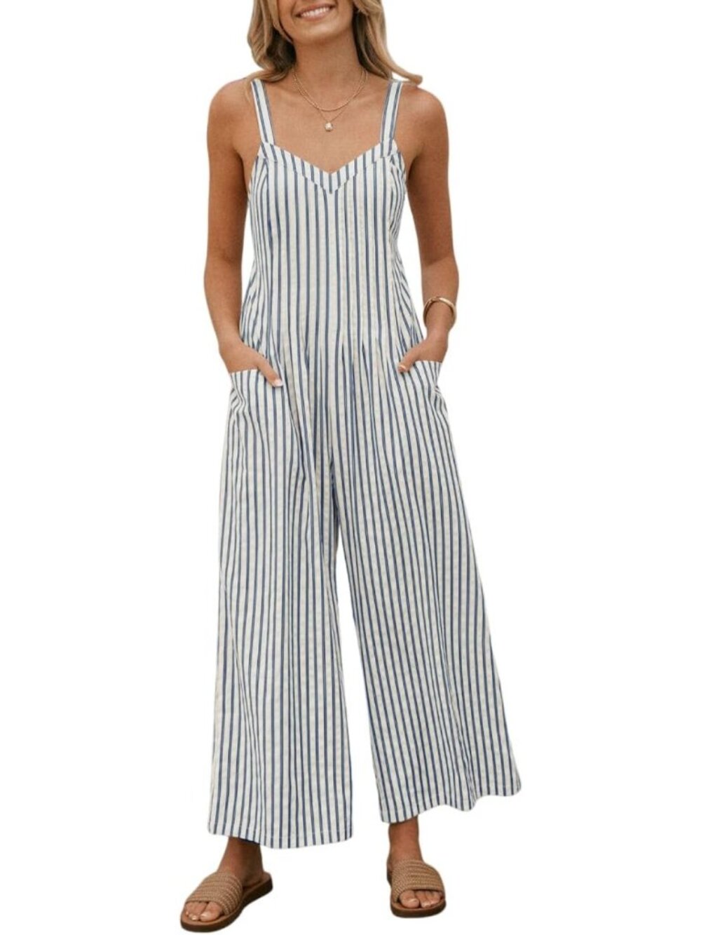 Striped Maxi Jumpsuit with Cutout Back | Summer Romper with Pockets for Women